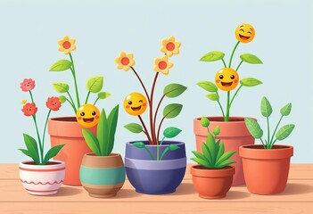 Cute houseplant emojis in various flower pots, flat vector illustration,  garden, emoji