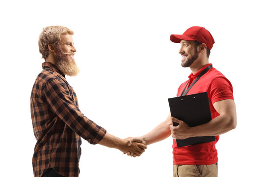 Bearded guy shaking hands with a delivery man
