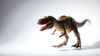 Fototapeta premium T-Rex figurine isolated on white with dramatic lighting, showcasing detailed textures and fierce presence.