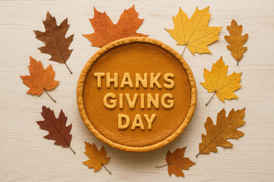 thanksgiving day pumpkin pie with autumn leaves on wooden table