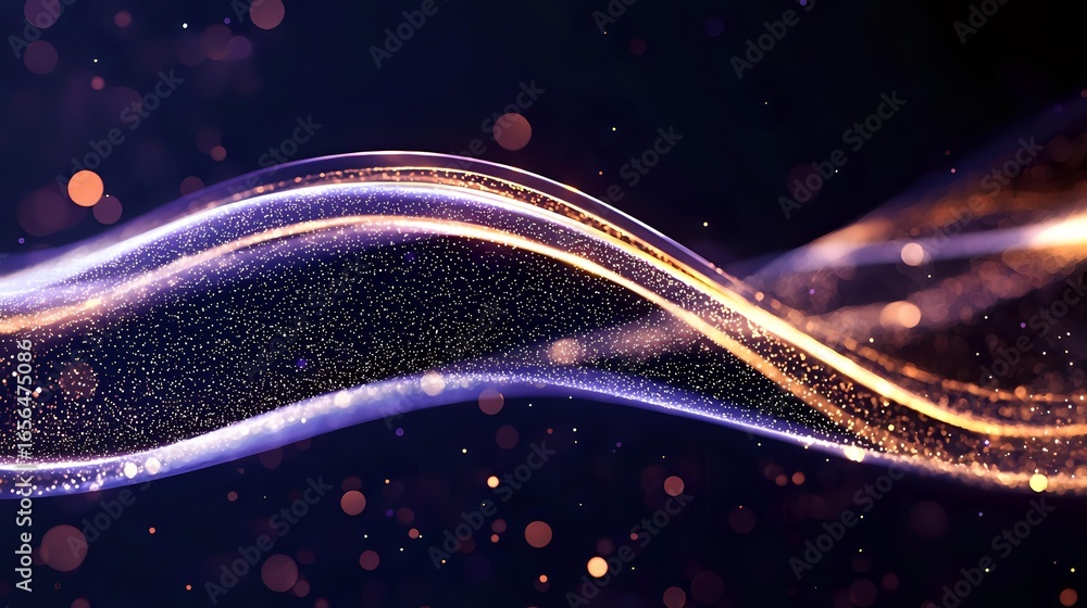 Poster glowing wavy lines with sparkles and bokeh effects on dark background create magical abstract light 