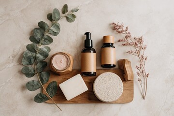 Natural beauty products arranged on a wooden tray