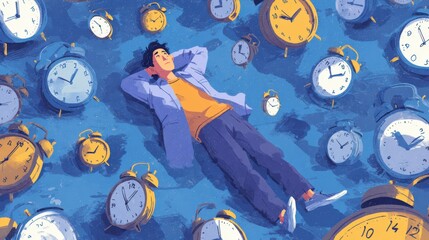 Young man relaxing among many vintage alarm clocks, reflecting on time and life's fleeting moments in creative illustration