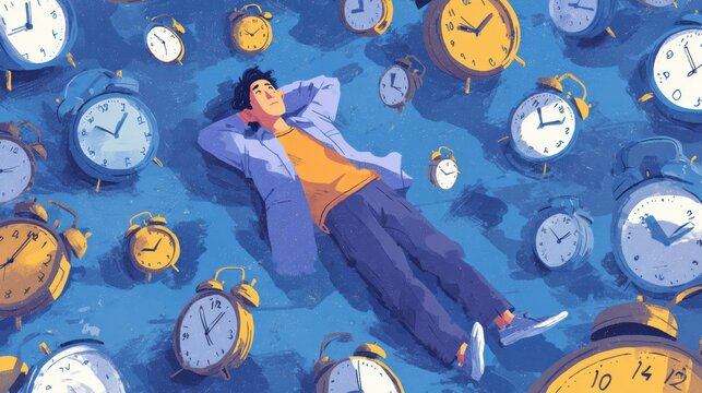 Young man relaxing among many vintage alarm clocks, reflecting on time and life's fleeting moments in creative illustration