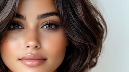 Obraz premium Young Hispanic woman with wavy dark hair, natural makeup, and glowing skin looking at camera with confident smile against light background. Professional beauty portrait.