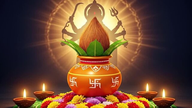 "Happy Navratri Festival Celebration with Kalash, Flowers, Diyas and Goddess Silhouette"