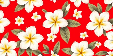 Obraz premium Delicate white Hawaiian flowers in an aloha-inspired seamless pattern against a vibrant red background, decoration, stock