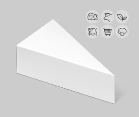 Cheese packaging triangle box mockup. Vector illustration isolated on grey background. Half side view. Can be use for template your design, presentation, promo, ad. EPS10.