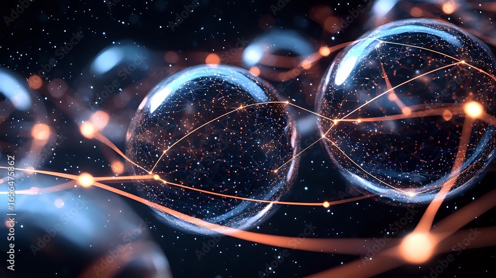 Poster glowing spheres connected by luminous orange energy streams float in starry space, creating futurist