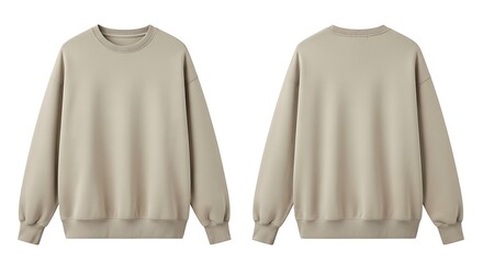 Plain beige crewneck sweatshirt, front and back view, studio shot of casual clothing for everyday wear