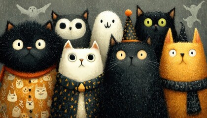 Halloween invitation card with dogs in costumes, cats, ghosts, and pumpkins.