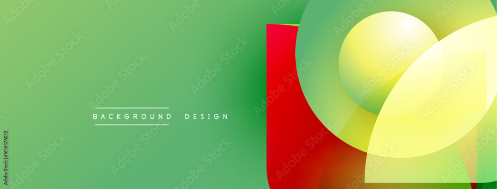 Poster abstract geometric shapes overlap. green background features text, red and yellow elements create vi