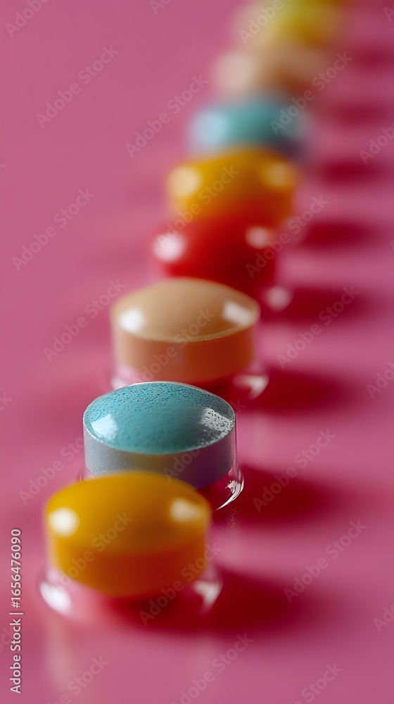 Poster colorful round pills arranged in diagonal line on pink background with selective focus and shallow d