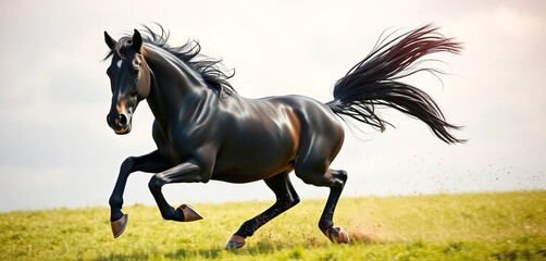 Fototapeta premium Ebony stallion, joyful grin, mid-gallop, mane flying, powerful, wildlife photography
