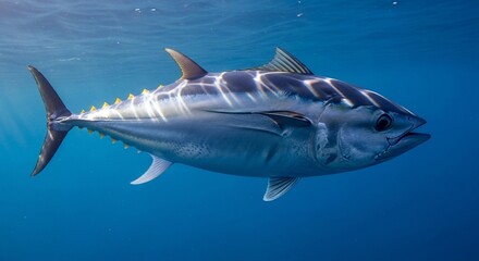 Fototapeta premium A large tuna swimming in the deep blue ocean water, a powerful marine predator.