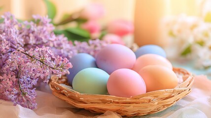 Colorful Easter eggs with spring flowers arrangement still life, pastel tones and soft lighting enhancing holiday mood, perfect for greeting cards, packaging, and festive decoration