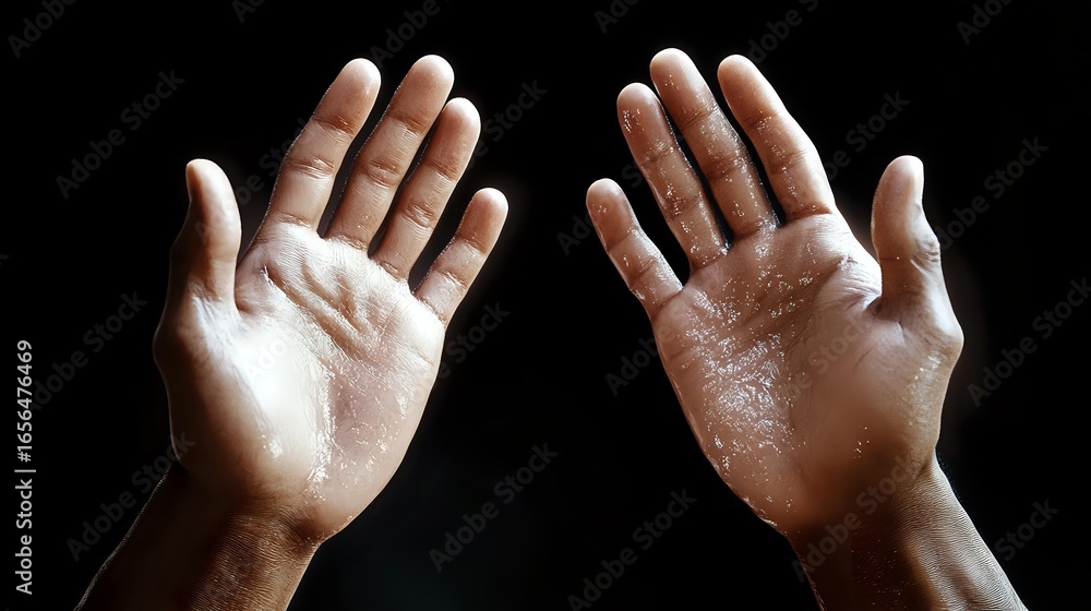Poster contrasting light and dark-skinned open palms raised against black background symbolizing unity, equ