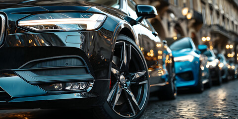 Fleet of Automotive Marvels: A sleek lineup of luxury automobiles glistens under the urban sunlight, their polished surfaces reflecting the vibrancy of the city streets.