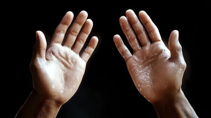 Contrasting light and dark-skinned open palms raised against black background symbolizing unity, equality, and racial harmony in modern society.