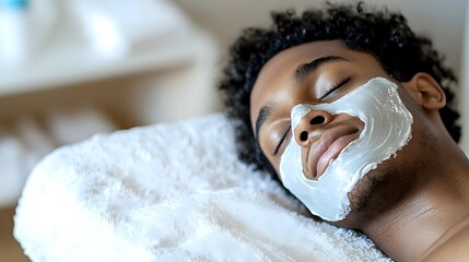 Young African American man relaxing during spa facial treatment with white clay mask, lying on white towel with eyes closed, wellness and skincare concept.