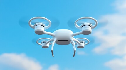 A sleek white drone hovers against a bright blue sky, showcasing its advanced design, This image can be used in technology, aviation