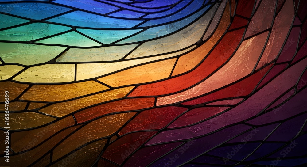 Poster abstract stained glass window featuring vibrant colors flowing in a wave-like pattern, transitioning