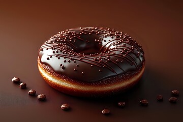 Chocolate glazed donut with decorative drizzle pattern and scattered coffee beans on dark brown background, dramatic studio lighting creates appetizing mood.