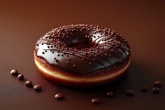 Chocolate glazed donut with decorative drizzle pattern and scattered coffee beans on dark brown background, dramatic studio lighting creates appetizing mood.