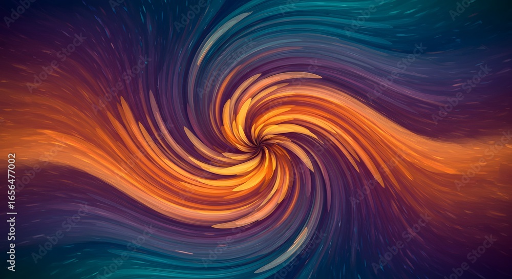 Poster abstract swirl of vibrant orange, blue, and purple hues converging towards a central point, creating
