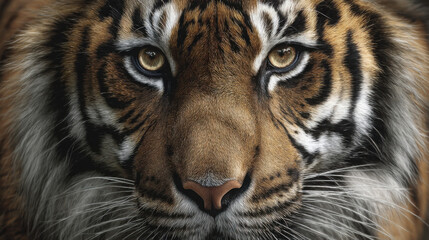 Fototapeta premium Tiger Gaze: An Intense stare of the majestic big cat tiger is framed in an intimate close-up, showing its striking features and the raw power of the wild.