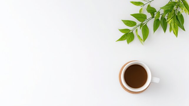 Minimalist white desk top view with coffee cup and plant leaves as visual focus, organized layout and copy space perfect for branding and creative design