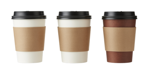 Three takeaway coffee cups, two white and one brown, isolated on a black background, perfect for International Coffee Day designs and available as a transparent PNG.