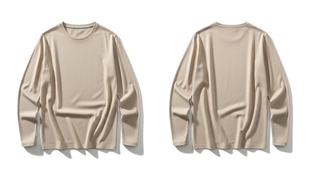 Naklejka premium Plain beige long sleeve t-shirt with front and back view. Blank crewneck apparel mockup for fashion design presentation isolated on white background.