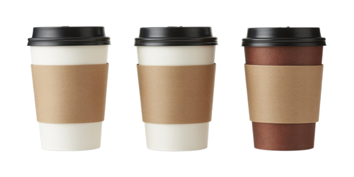 Three takeaway coffee cups, two white and one brown, isolated on a black background, perfect for International Coffee Day designs and available as a transparent PNG.