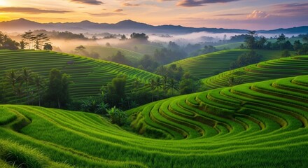 Fototapeta premium Vibrant green terraced rice fields bathed in golden morning light with misty mountains and rolling hills.