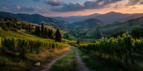 Italian Tuscan Landscape: A picturesque view of the sun setting over the rolling hills, vineyards, and picturesque architecture of Tuscany, Italy. the tranquil beauty of the italian countryside