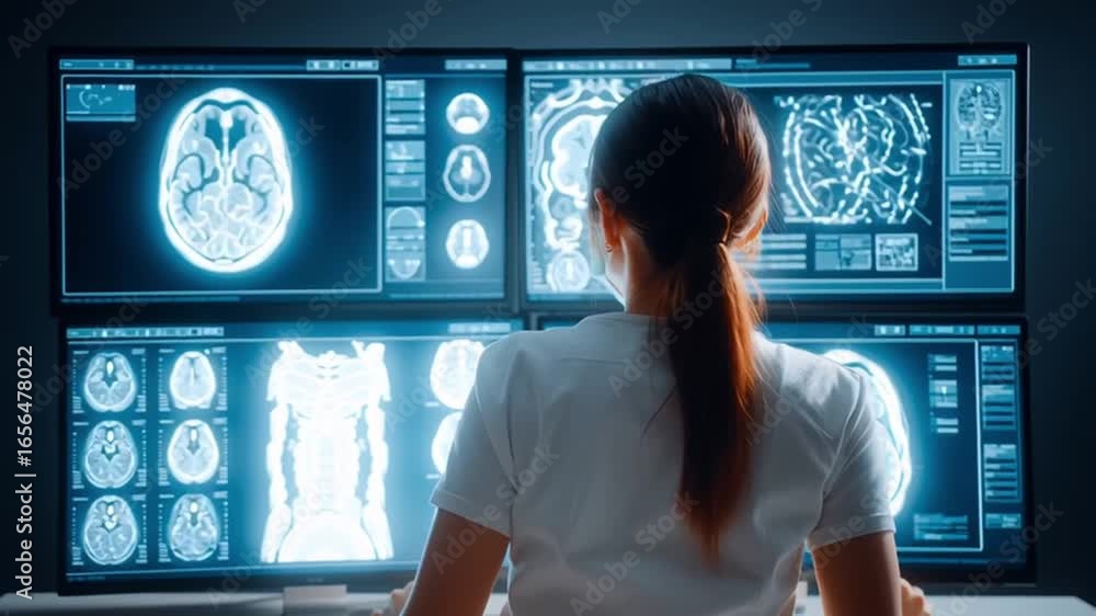 Aufkleber medical doctor analyzing brain scan and x ray on multiple digital monitors using advanced healthcare