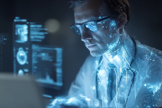 Futuristic doctor analyzes medical data with augmented reality interface for enhanced patient care