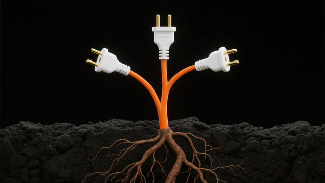 Symbolic Design of Orange Root-Like Cables with White Plugs on Black Background: Representing Energy Connection and Nature-Tech Harmony