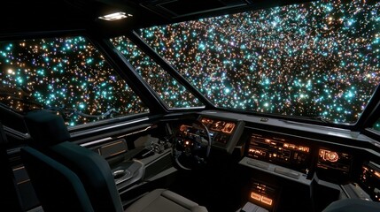 Futuristic vehicle cockpit, starlit view