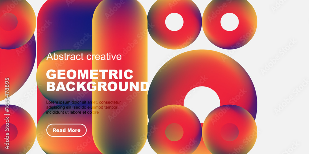Poster vibrant geometric shapes overlap, creating colorful abstract background. text promotes further explo