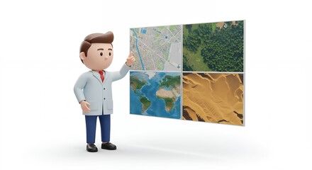 Cartoon scientist presenting digital maps