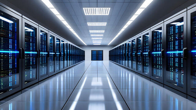 A futuristic digital corridor with a row of server rooms