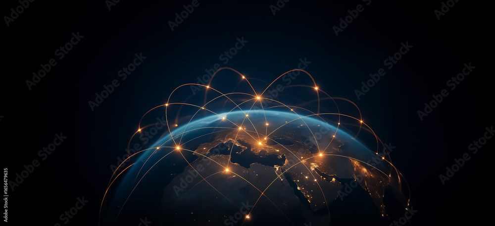 Poster stylized view of earth at night showing illuminated city connections with glowing lines indicating r