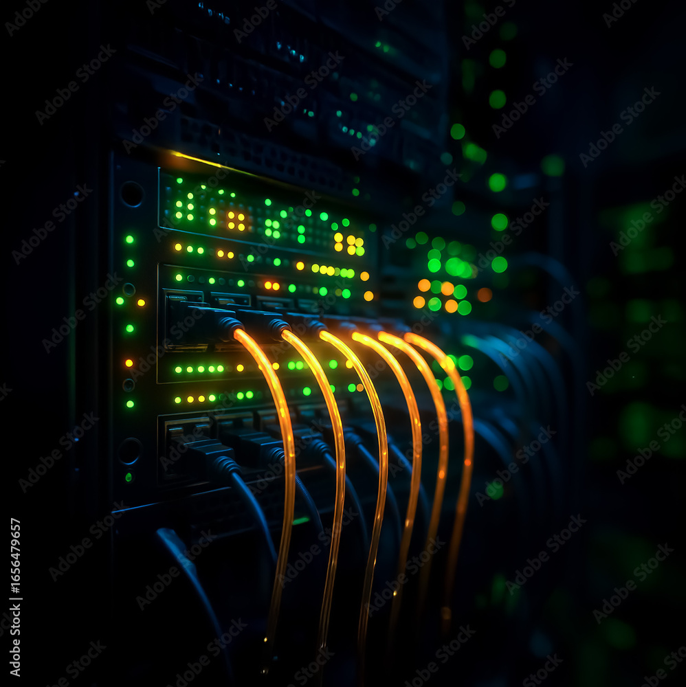Poster close-up of a high-performance server rack with glowing orange and green cables indicating active ne