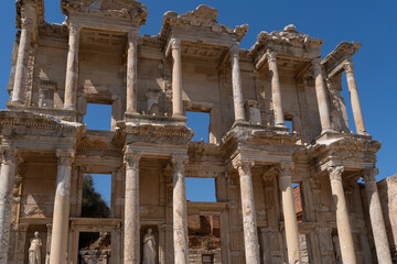 Historical Celsus Library Building Against Blue Sky
