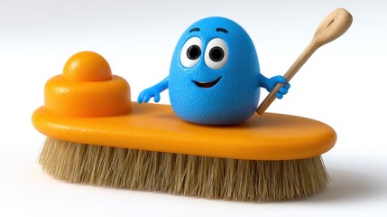 Cartoon blue character on an orange brush