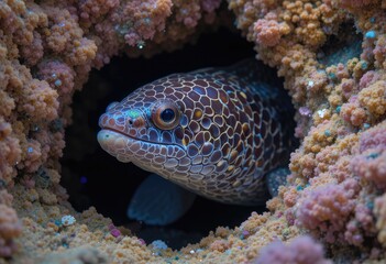 Moray Eel Peeking from Coral	A moray eel hiding in a coral crevice.