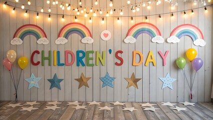Children's day background with rainbows balloons and stars for celebration event