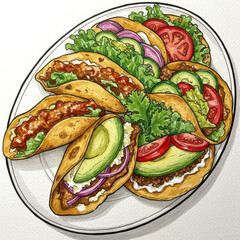 Hand-Drawn Tostadas of Tacos on a Plate with Various Toppings and Ingredients
